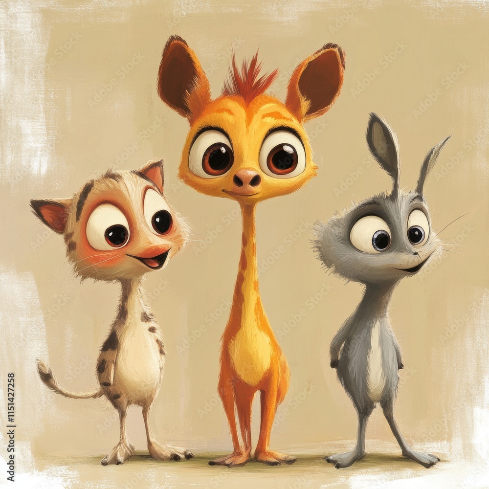 Fototapeta premium Three Adorable Cartoon Animals Stand Together