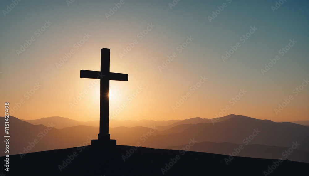 Silhouette of a Cross in Minimalist Style in Warm Colors Representing Easter Against Sunset with Copy Space Silhouette of a Cross in Minimalist Style in Warm Colors Representing Easter Against Sunset with Copy Space