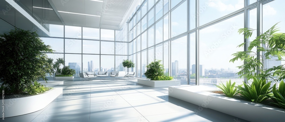Sunlight fills the spacious, airy rooms. Biophilic design in a minimalist, white interior with plants. View of the city from the panoramic windows. Ecological, green and modern interior concept Sunlight fills the spacious, airy rooms. Biophilic design in a minimalist, white interior with plants. View of the city from the panoramic windows. Ecological, green and modern interior concept