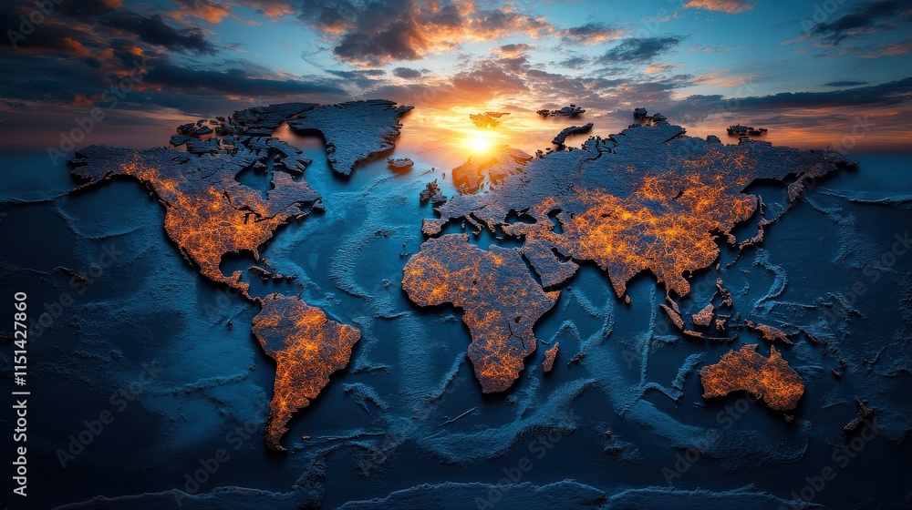 A detailed world map texture illuminated at sunset, emphasizing geographical features and highlighting human connections with glowing city lights. A detailed world map texture illuminated at sunset, emphasizing geographical features and highlighting human connections with glowing city lights.