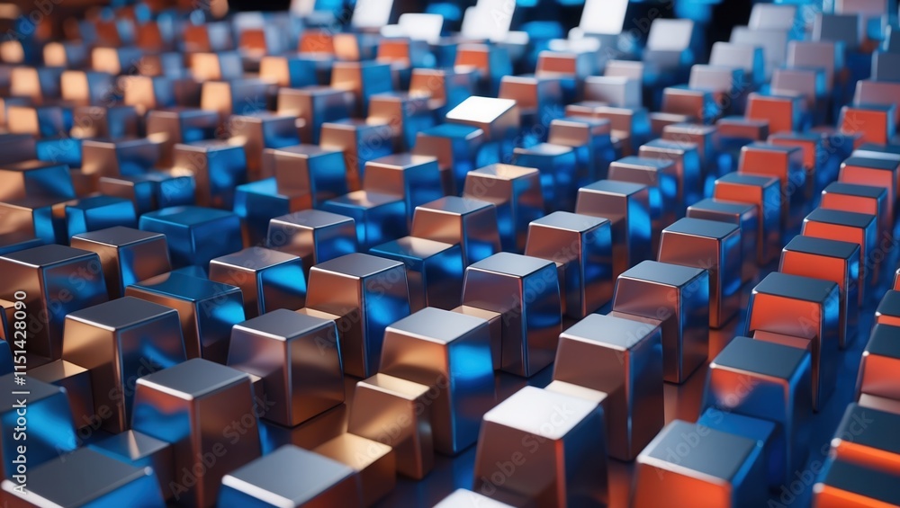 Obraz premium Abstract metallic cubes in gradient blue and copper colors, arranged in a patterned layout, creating a futuristic and dynamic visual effect.