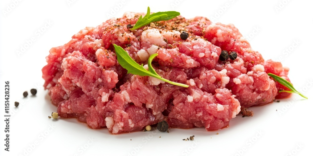 Raw minced meat seasoned with a variety of spices, presented on a white background, isolated for clarity. This raw minced meat showcases a blend of flavors and textures. Raw minced meat seasoned with a variety of spices, presented on a white background, isolated for clarity. This raw minced meat showcases a blend of flavors and textures.