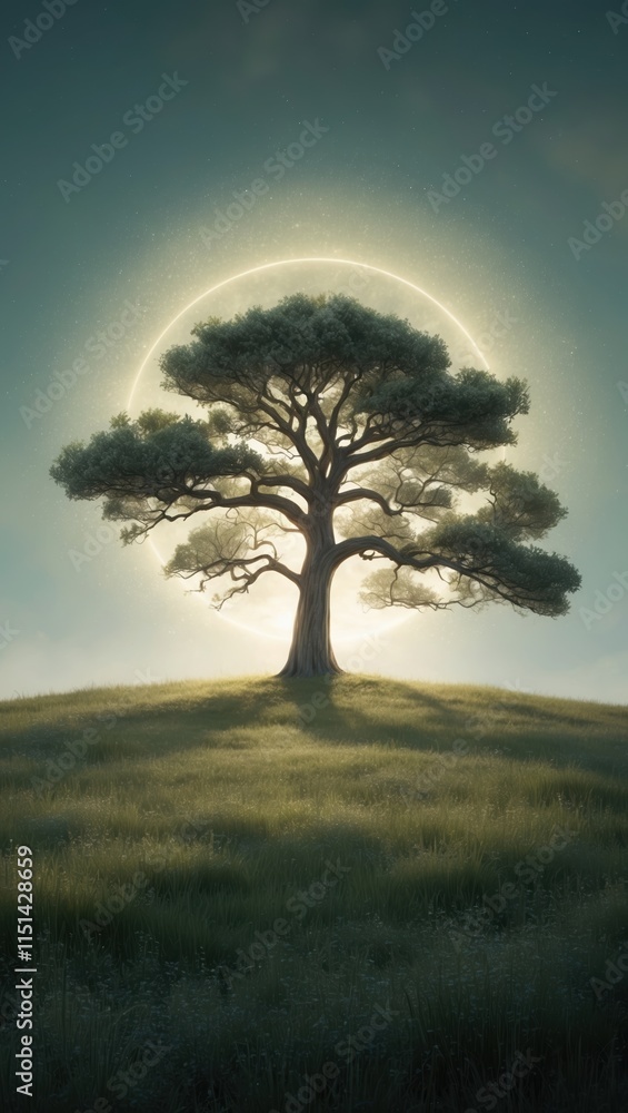 Fototapeta premium A majestic tree stands on a grassy hill, bathed in soft light and surrounded by an ethereal glow, creating a serene and tranquil atmosphere at dusk.