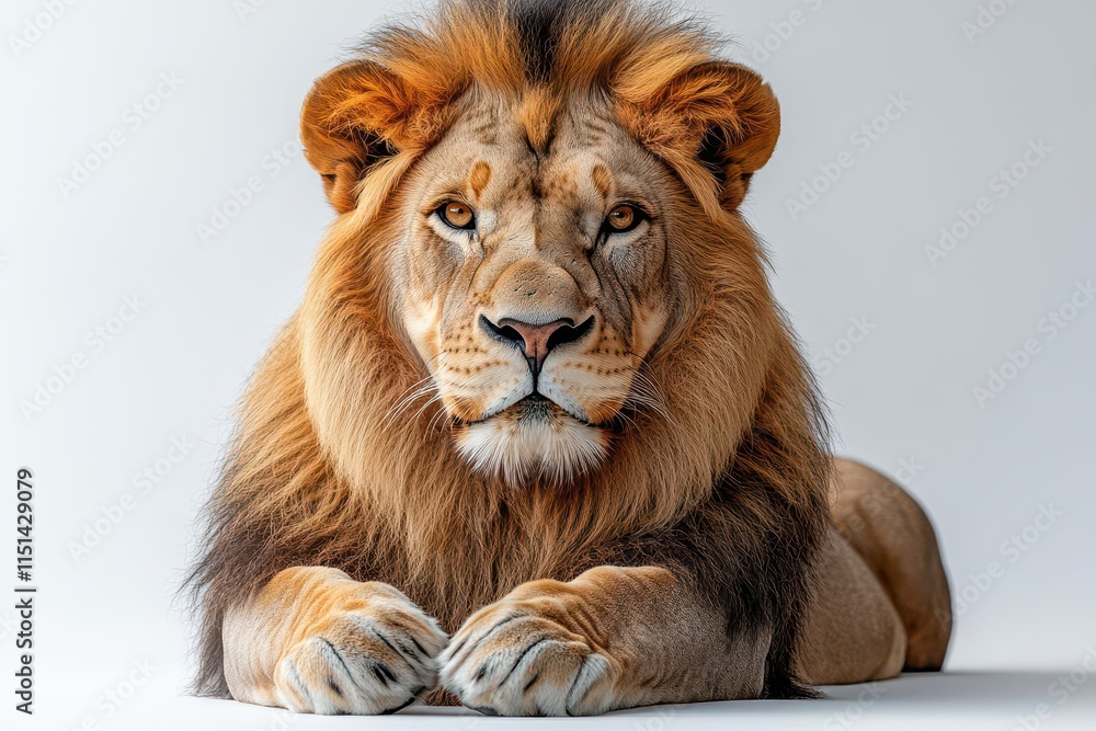 regal lion captured in a striking pose, isolated against a pristine white background, showcasing its majestic mane and fierce expression, embodying strength and power regal lion captured in a striking pose, isolated against a pristine white background, showcasing its majestic mane and fierce expression, embodying strength and power