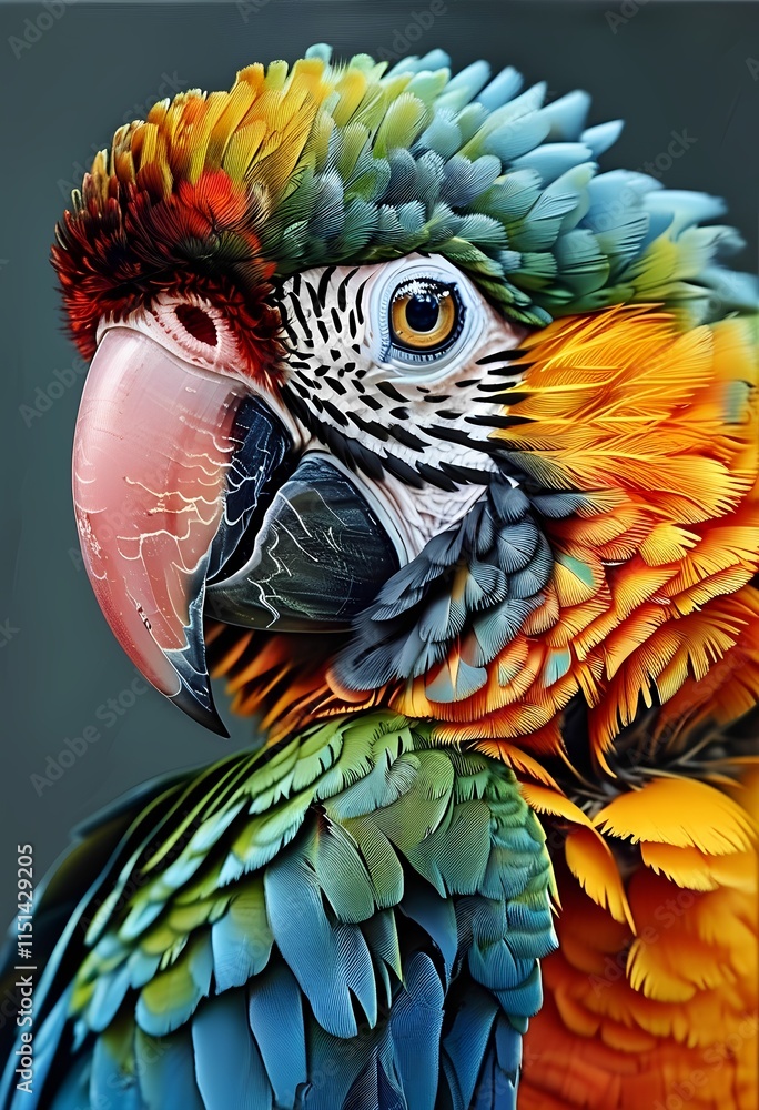 Obraz premium Vibrant parrot with colorful plumage and a striking beak poses against a dark backdrop