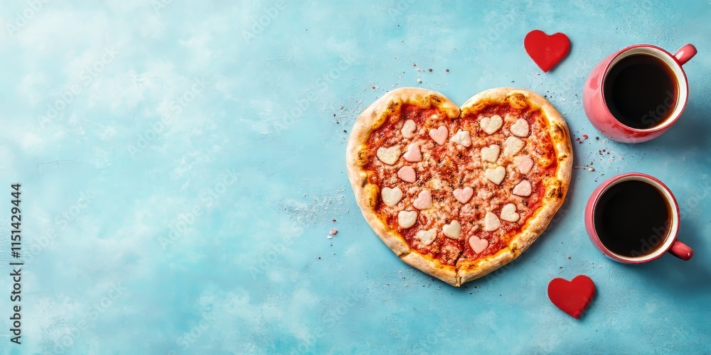 Fototapeta premium Heart shaped pizza and coffee on a blue backdrop, perfect for a Valentines Day celebration, embodying a sweet and romantic theme. Ideal for lovers on this special occasion!