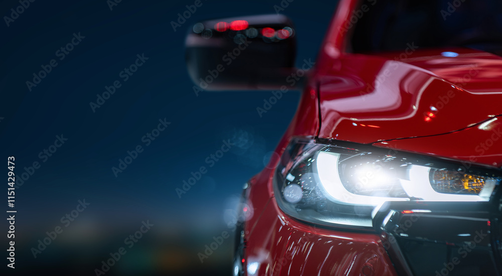 Generated imageClose-up view of a sleek red car's illuminated headlight with reflective details, captured at night against a blurred background.
Generated imageClose-up view of a sleek red car's illuminated headlight with reflective details, captured at night against a blurred background.
