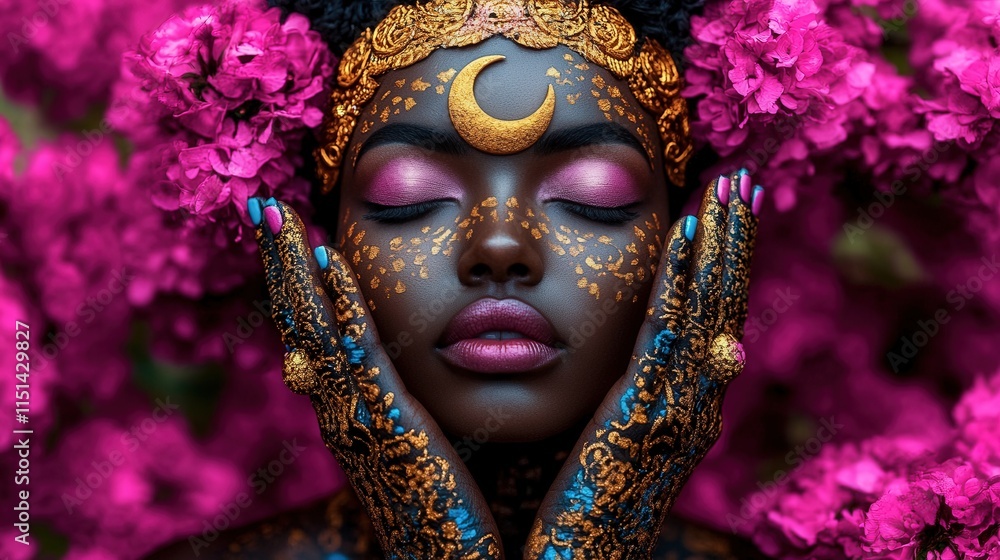 An imaginative portrait showcases a woman adorned in golden henna designs and flowers, reflecting culture, creativity, and a deep connection to beauty, art, and personal expression. An imaginative portrait showcases a woman adorned in golden henna designs and flowers, reflecting culture, creativity, and a deep connection to beauty, art, and personal expression.