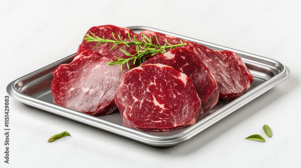 A luxury presentation of gourmet meat slices, deep crimson tones with delicate marbling, elegantly displayed on a metallic silver tray with a subtle garnish touch. Enhanced texture details A luxury presentation of gourmet meat slices, deep crimson tones with delicate marbling, elegantly displayed on a metallic silver tray with a subtle garnish touch. Enhanced texture details
