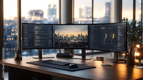 A professional workspace with triple curved monitors displaying collaborative tools, a neatly organized desk with a wireless charging pad, photo