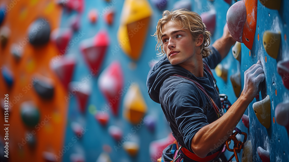 Obraz premium Portrait of a young male climber hanging on a climbing wall