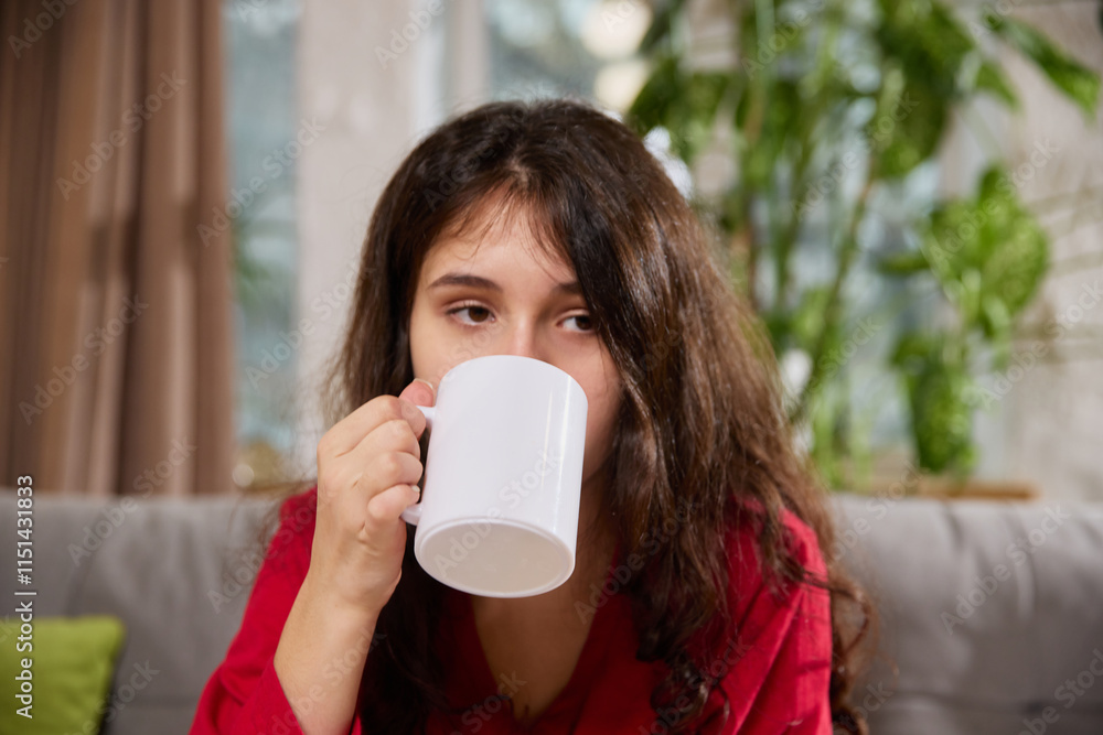 Young woman drinks from white mug, her eyes focused on something in distance in living room. Concept of illness, health insurance, pharmaceutical, treatment, medicine. Ad. Young woman drinks from white mug, her eyes focused on something in distance in living room. Concept of illness, health insurance, pharmaceutical, treatment, medicine. Ad.