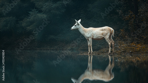 Beautiful deer stag swimming in lake on mist mountain landscape with fog, Composite image of red deer stag landscape during beautiful sunrise, wildlife concept
