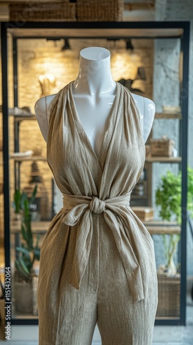 A beige linen jumpsuit with a halter neckline and a tied waist is displayed on a mannequin in a store setting with shelves and plants in the background. photo