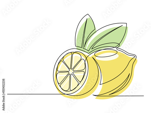 Continuous one line whole and halves yellow lemons with leaf isolated on white background. Simple citrus silhouette. Hand drawn lemon outline. Vector illustration