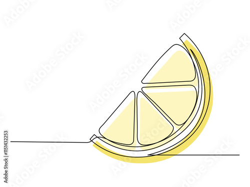Continuous one line yellow lemon slice isolated on white background. Simple citrus silhouette. Hand drawn lemon outline. Vector illustration
