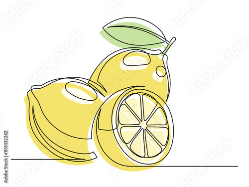 Continuous one line whole and halves yellow lemons with leaf isolated on white background. Simple citrus silhouette. Hand drawn lemon outline. Vector illustration
