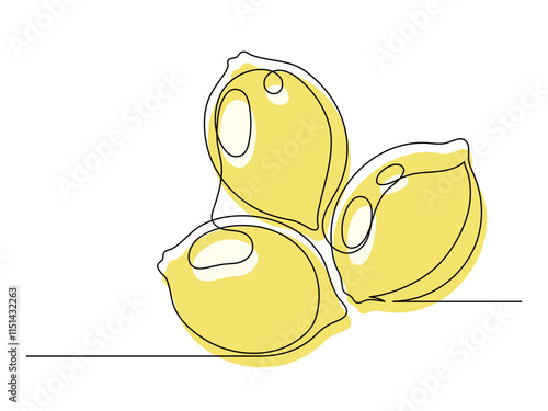 Continuous one line several yellow lemons isolated on white background. Simple silhouette of citrus fruits. Hand drawn outline of lemons. Vector illustration