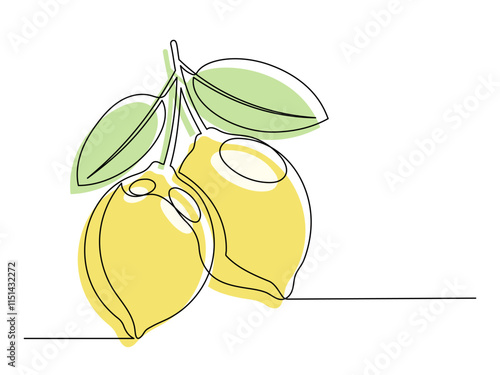 Continuous one line yellow lemon with leaf isolated on white background. Simple citrus silhouette. Hand drawn lemon outline. Vector illustration