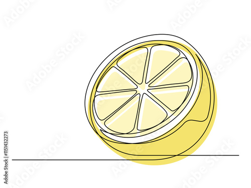 Continuous one line yellow lemon halves isolated on white background. Simple citrus silhouette. Hand drawn lemon outline. Vector illustration