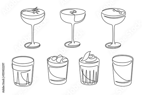Outline drawing of cocktail drinks isolated on white background. Thin line cocktail glasses. Vector illustration