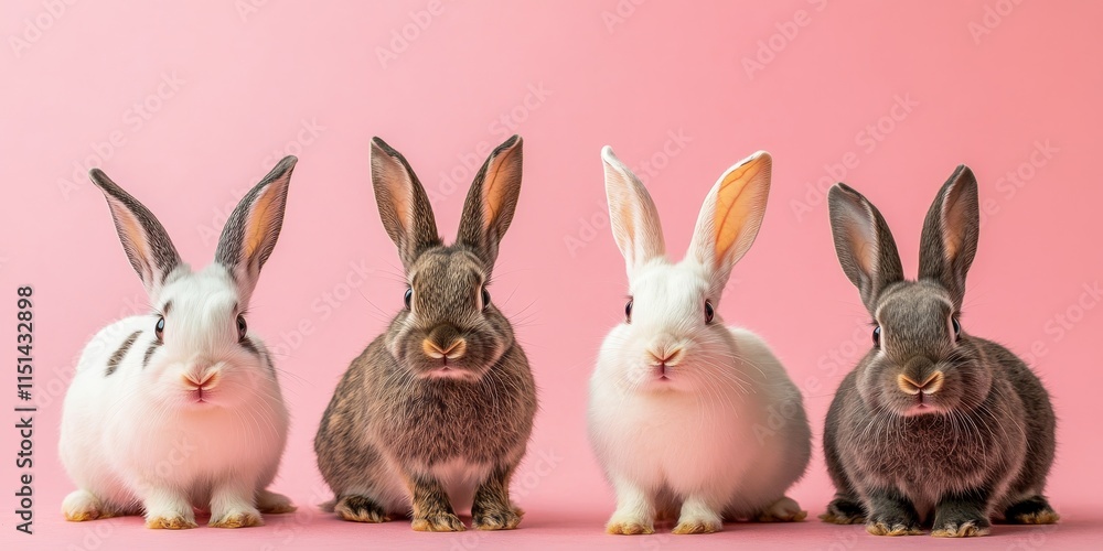 Fototapeta premium A total of four rabbits are positioned in front of a bright or light colored backdrop. These four rabbits stand out against the light background.