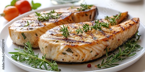 Succulent grilled swordfish steaks beautifully presented on a white plate, garnished with vibrant fresh herbs for an appetizing touch.