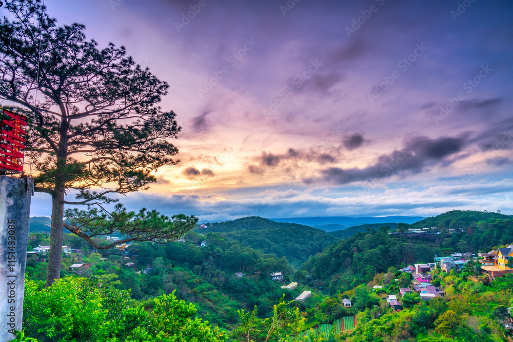 Morning sunrise scenery at the top of a hill on the outskirts of Da Lat plateau. A relaxing resort for weekend visitors