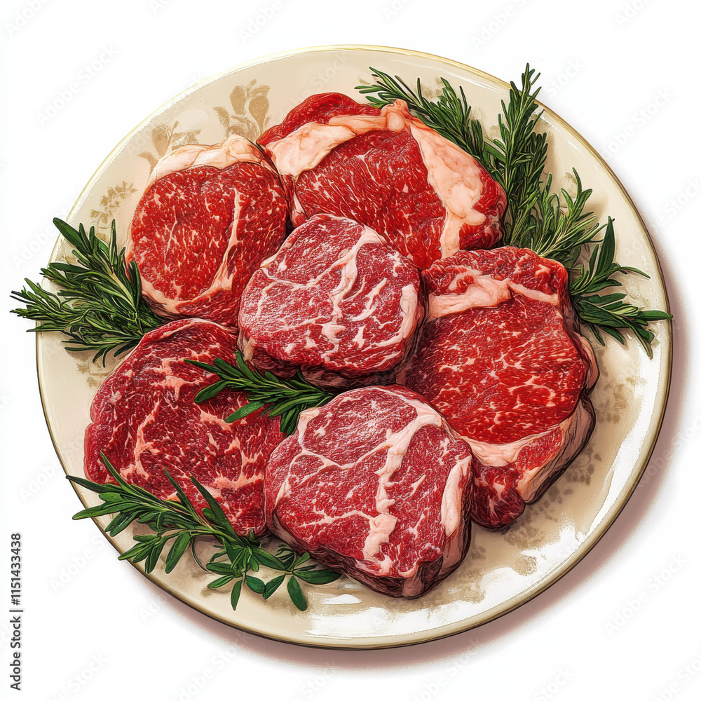 An artistic arrangement of premium meat cuts, featuring bold and varied tones of red and pink with intricate marbling, set on a sleek modern ceramic plate with fresh herbs for accent. Perfect separati An artistic arrangement of premium meat cuts, featuring bold and varied tones of red and pink with intricate marbling, set on a sleek modern ceramic plate with fresh herbs for accent. Perfect separati