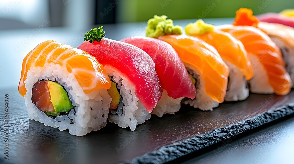 Close-up of a variety of sushi rolls arranged on a dark slate plate. Close-up of a variety of sushi rolls arranged on a dark slate plate.