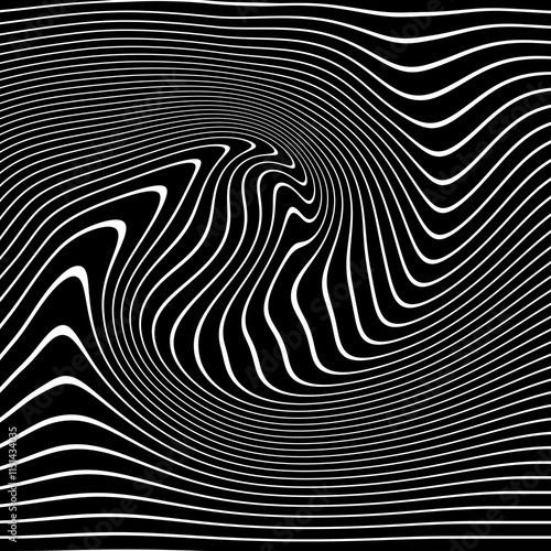  abstract black-and-white image with wavy, flowing lines that create a dynamic, optical illusion effect.