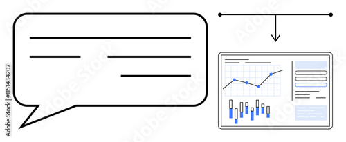 Speech bubble connecting to an analytics dashboard displaying graphs and charts. Ideal for business presentations, data analysis, communication strategies, market research, reporting insights