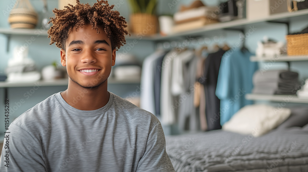 Portrait of a handsome young African American man smiling at the camera while standing in the bedroom Portrait of a handsome young African American man smiling at the camera while standing in the bedroom
