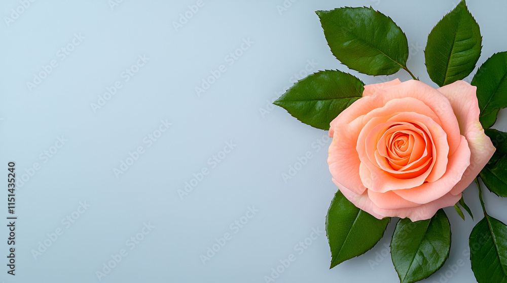 Fototapeta premium A soft pink rose with lush green leaves, set against a light blue background, creating a serene and elegant floral composition.