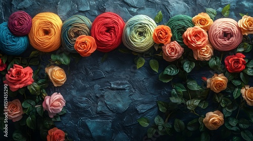 Artistic wool rolls in a gradient of rainbow colors arranged with blooming roses and ivy leaves on a rustic stone background, warm lighting accentuating the textures, photo