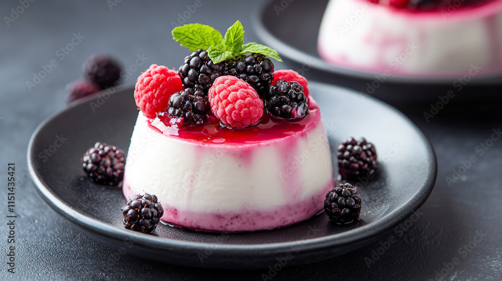 Decadent Dessert with Raspberries and Blackberries on Black Background Decadent Dessert with Raspberries and Blackberries on Black Background