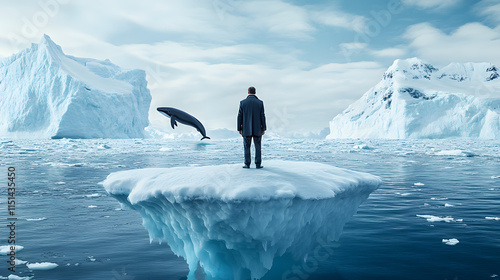 An investor sailing on a drifting iceberg in the Arctic Ocean, dressed in an elegant, insulated business suit adapted for extreme cold. The investor stands at the edge of the iceberg