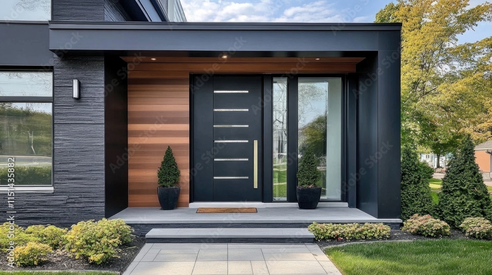 Modern Black Fiberglass Front Entry Door, Single Door With One Sidelite