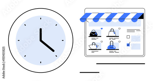 Wall clock showing time beside online shopping website with products. Ideal for e-commerce, time management, digital marketing, online business, retail, productivity, work-life balance. Line metaphor