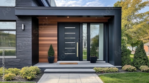 Obraz na płótnie Modern Black Fiberglass Front Entry Door, Single Door With One Sidelite w salonie