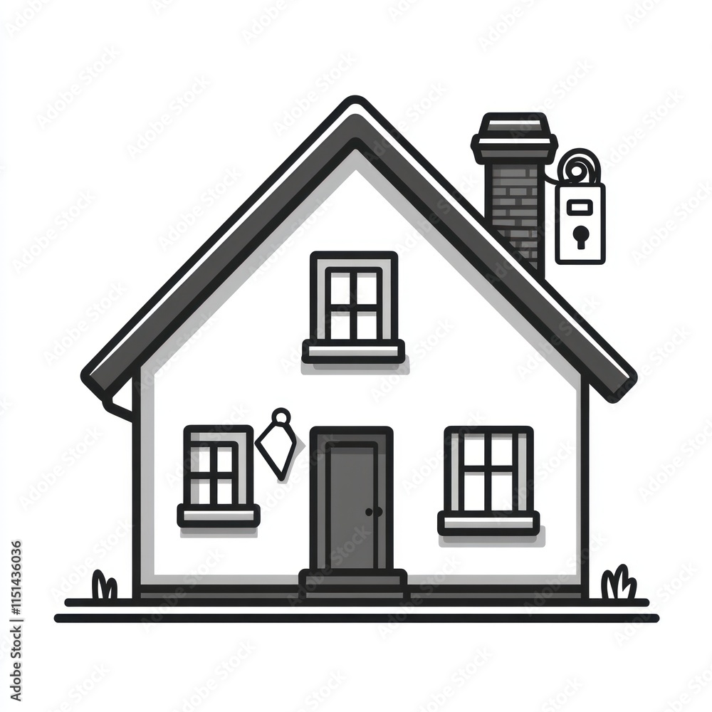 Simple grayscale illustration of a house with a for sale sign. Simple grayscale illustration of a house with a for sale sign.
