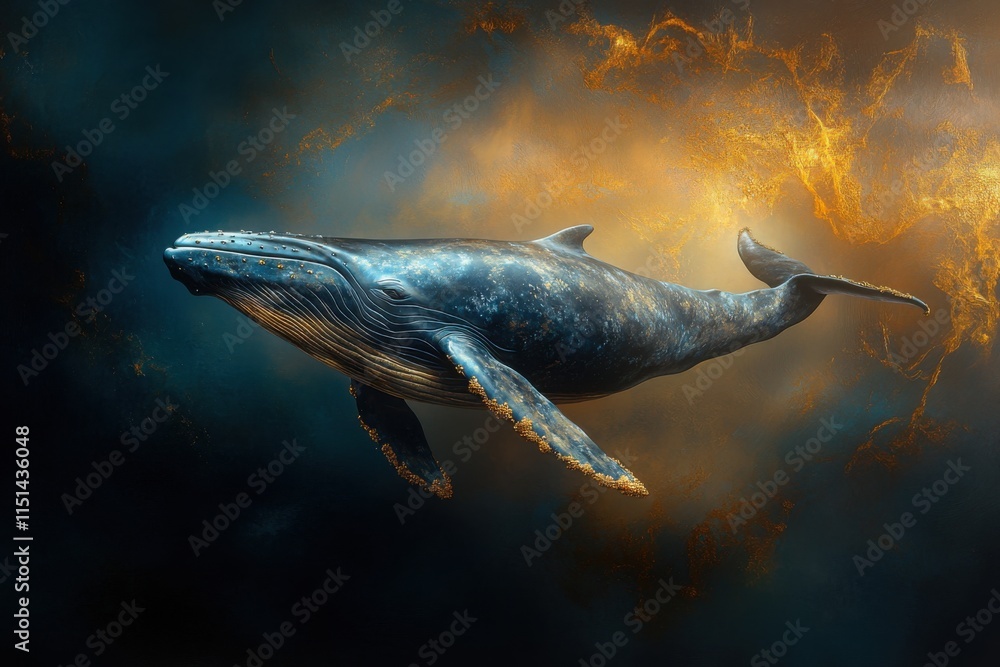 Fototapeta premium magnificent whale swims in ocean, poster with magnificent mammal, beauty and power of nature, concept of care and protection of environment
