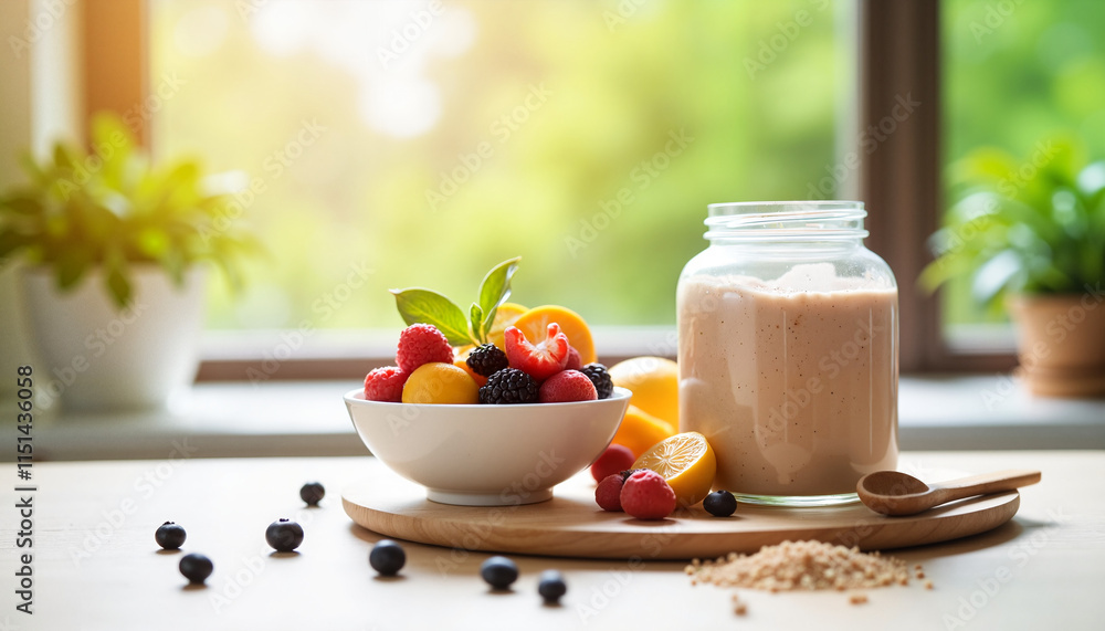 Nutritional supplements for aging Copy space Jar of protein powder and fresh fruits on table by window Nutritional supplements for aging Copy space Jar of protein powder and fresh fruits on table by window