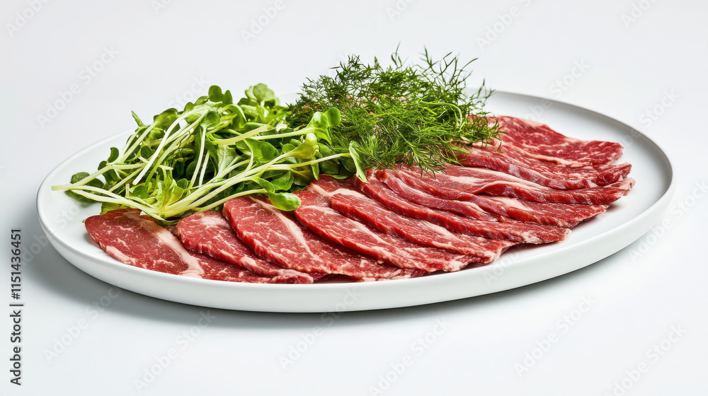 A vibrant plate of sliced beef arranged artistically, with bold and dynamic color tones like golden yellows and deep blues, accented by thinly sliced A vibrant plate of sliced beef arranged artistically, with bold and dynamic color tones like golden yellows and deep blues, accented by thinly sliced