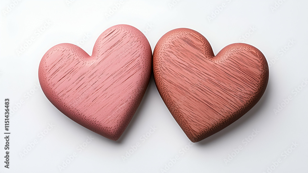 Two wooden hearts in pink and brown colors placed together on a light background, symbolizing love and affection. Two wooden hearts in pink and brown colors placed together on a light background, symbolizing love and affection.