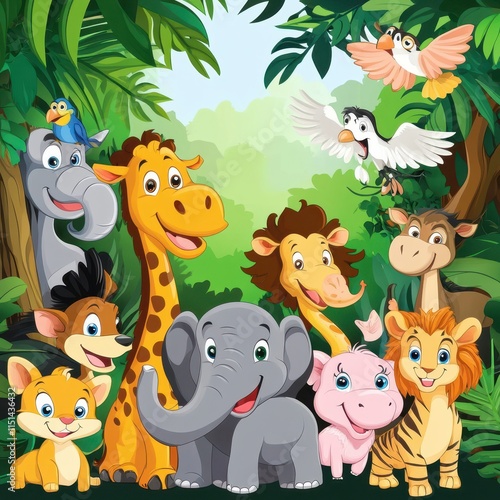 Wallpaper Mural Happy Jungle Animals Gathering In Lush Foliage Torontodigital.ca