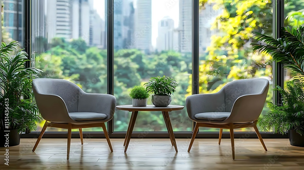 Fototapeta premium Modern Living Room Chairs Plants And City View