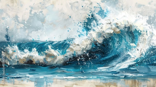 Painted wave breaking on shore, water splashes with white crest.