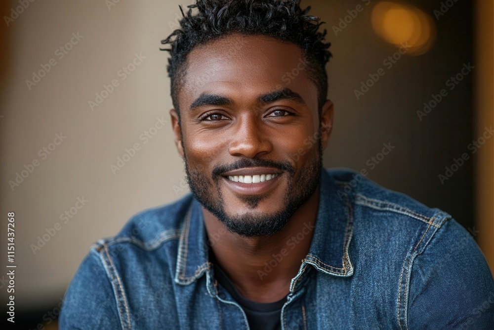 Fototapeta premium smiling black man in a denim jacket facing the camera with a charming expression, radiating warmth and friendliness, set against a neutral background that highlights his engaging personality