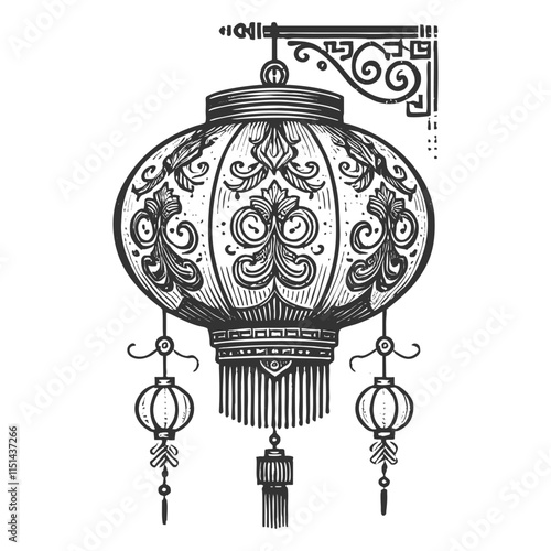 Chinese lantern adorned with tassels and decorative patterns, symbolizing culture and celebration sketch engraving generative ai vector illustration. Scratch board imitation. Black and white image.